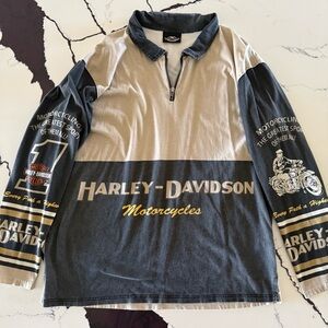 Y2K Harley-Davidson Black and Cream Zip Collar Shirt